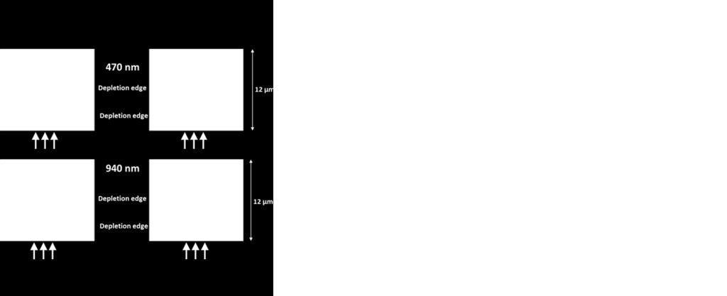 Figure 11 Measurement diagram (left) and spot illumination size versus reverse bias in a BSI sensor with 10 µm pixels for different light wavelengths (right). The pinhole diameter is 10 µm.