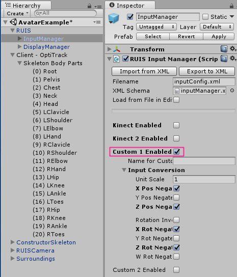 To access the coordinate conversion settings, you should enable the associated device ( Custom 1 ) from the RUISInputManager component, which is located at the InputManager gameobject (parented under