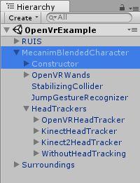 The MecanimBlendedCharacter has OpenVRWands child gameobject, which contains 3D Wands that can grab