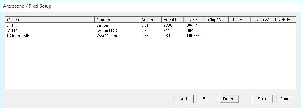 Arcsecond Per Pixel Setup This command is used to define a camera chip size, number of pixels, and optical system so that arcseconds per pixel can be calculated when using the Star Shape tool.