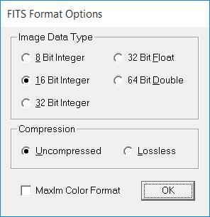A FITS image can be saved as 8, 16, or 32-bit integer, 32-bit float, or 64 bit double format.