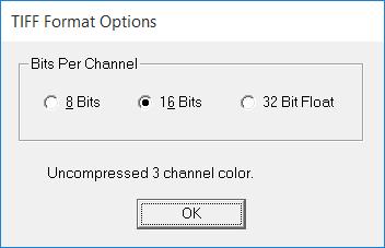 A TIFF image can be saved as an uncompressed monochrome or color image with 8, 16, or 32 bit depth per pixel.