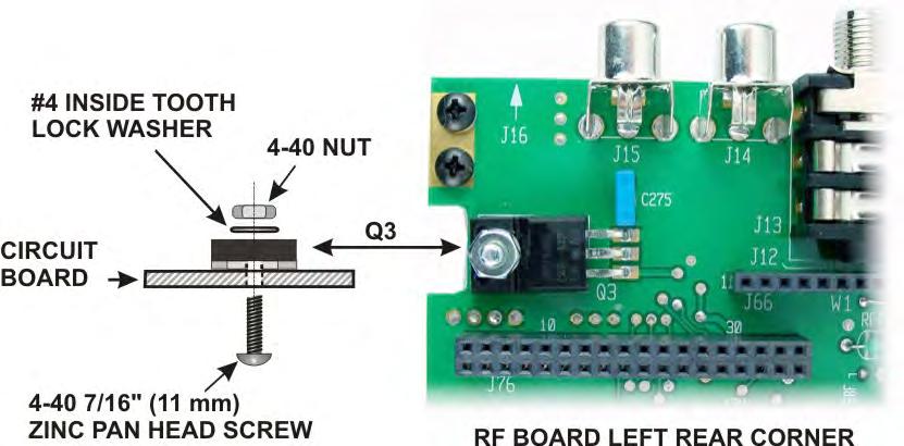 Install hardware to attach Q3 to the RF board near the rear left corner as shown in Figure 9 and Figure 11 on page 16. Figure 9. Installing Q3 Hardware. Locate the crystal I.F. filters.