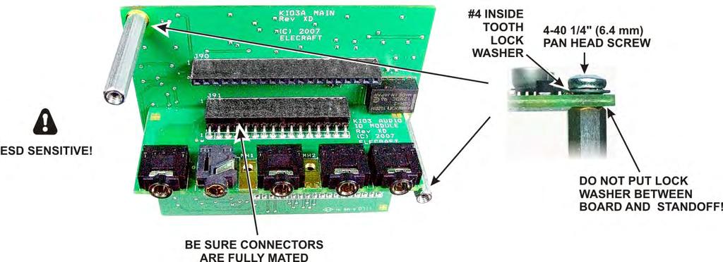 Inspect the KIO3 Audio board for a yellow dot at one corner of the board (see below). There are two versions of the audio board, one with a yellow dot and one without.