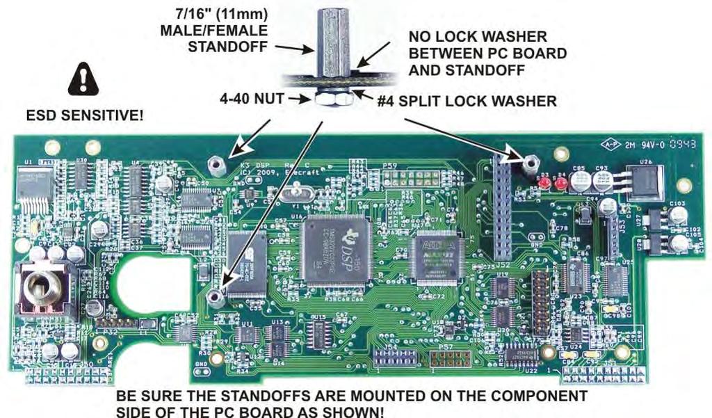 Mount the three 7/16 (11mm) male/female standoffs on the component side of the main DSP board as shown in Figure 53 using 4-40 nuts and #4 split lock washers.