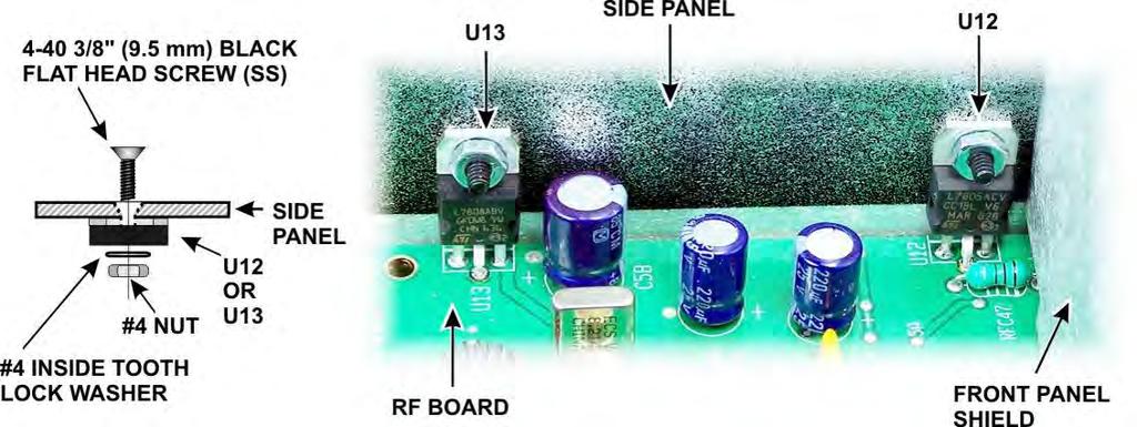 Attach voltage regulators U13 and U12 to the right side panel as shown in Figure 65 using a 4-40 3/8 (9.