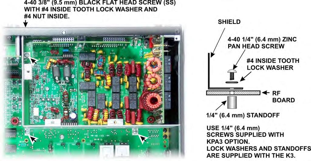 Attach the shield to the RF board and to the rear panel as shown in Figure 81. The screws, washers and nut are in the KPA3 Option kit.