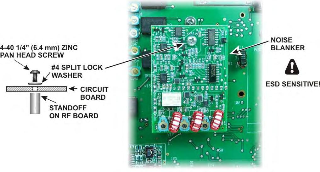 Plug the noise blanker board into J77 and attach it to the standoff using the hardware shown in Figure 87. Figure 87. Installing the Noise Blanker Board.