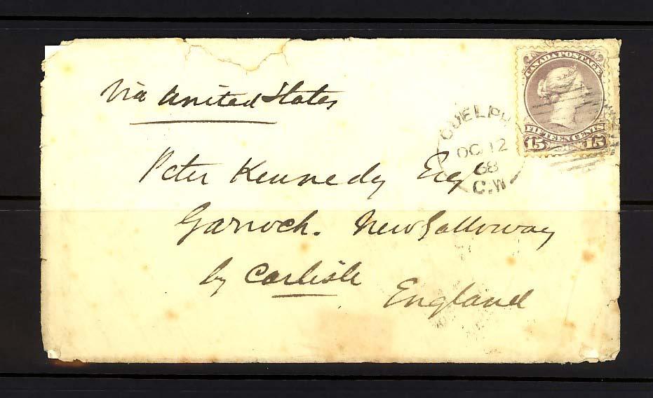 15 Single on October 1868 cover to UK, paying the new ½ oz. rate via New York for which the stamp was issued.