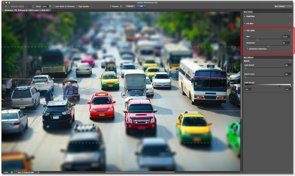 Most of the controls we need for adjusting our blur effect can be found in this preview area, but you ll find a few more options and controls for the Tilt-Shift filter in the Blur Tools panel in the