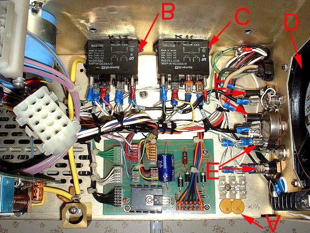 Fig.5 In Fig.5, the interior of the power supply side of the amp is shown, with the power transformer removed. The letter "E" points to the "step-start" fuses.