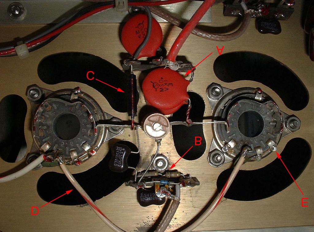 The yellow line connecting at the top of the network comes from the HV power supply. The bottom of the network connects to the base of the plate choke.