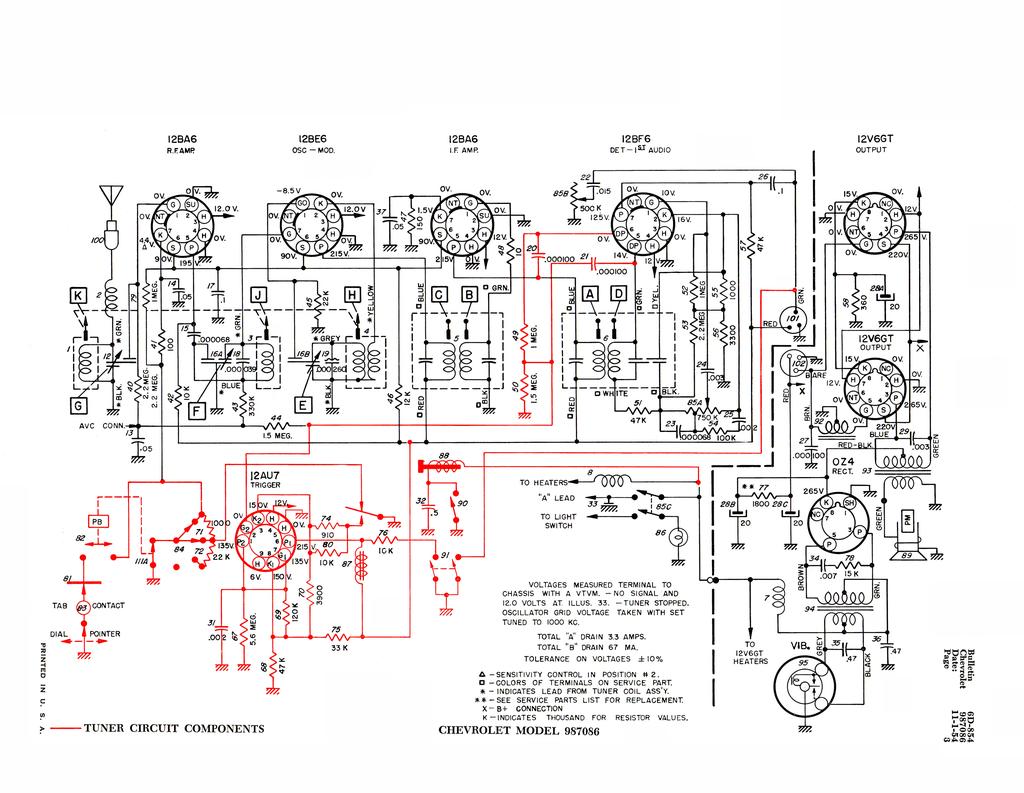 PRINTED bcontact y G.T ho m ps on TUNER CIRCUIT COMPONENTS d te bu tri C on IN U. S. AL S U AN M TO LERA NCE ON VOLTAGES ±10% TOTAL "A" DRAIN 3.3 AMPS. TOTAL " b " DRAIN 67 MA.
