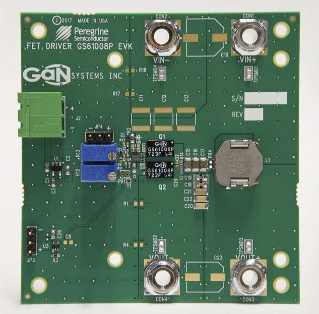 Evaluation Board Assembly Overview The evaluation board is assembled with a PE29101 gate driver and two GS61008P GaN E- HEMTs.