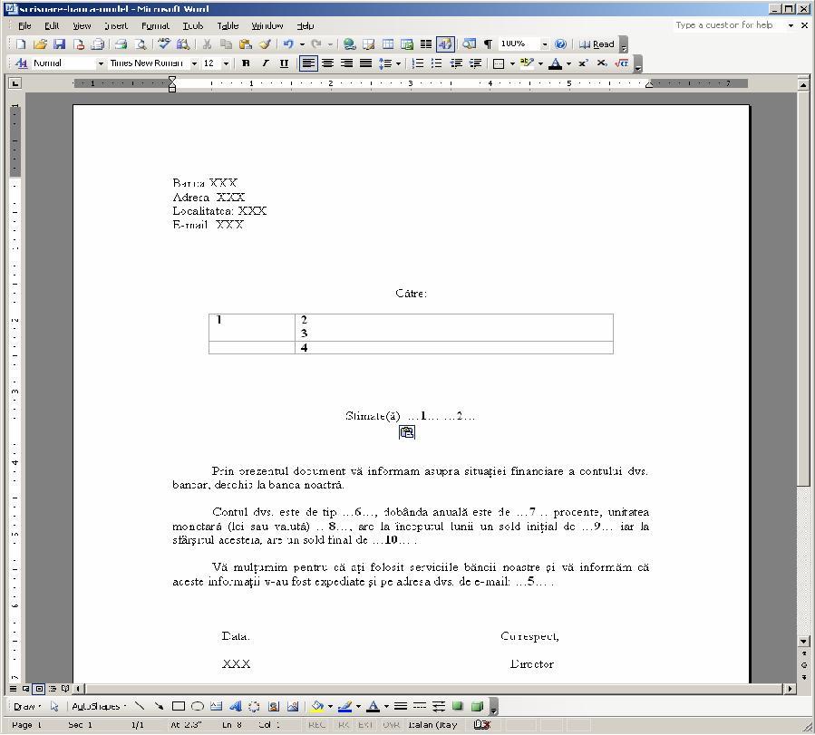 Captura de mai jos reprezinta documentul Word ce descrie modelul de scrisoare.