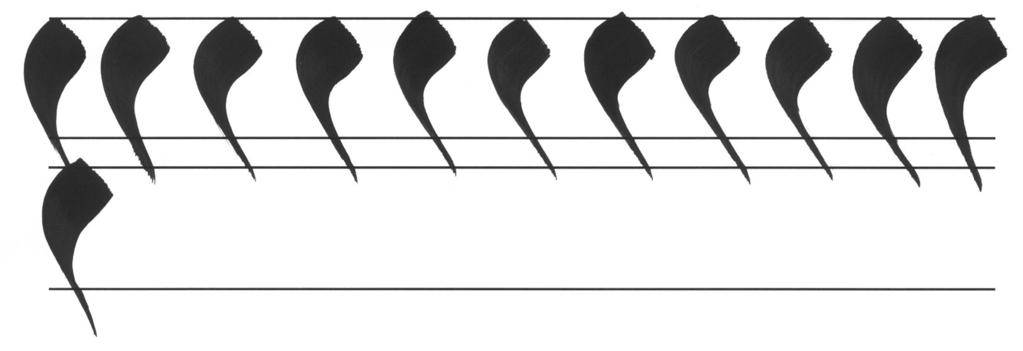 Comma Stroke Angled Right with a Flat Brush Touch the flat edge of the brush to the surface. Apply pressure and pull the brush toward you while slightly curving the stroke to the right.