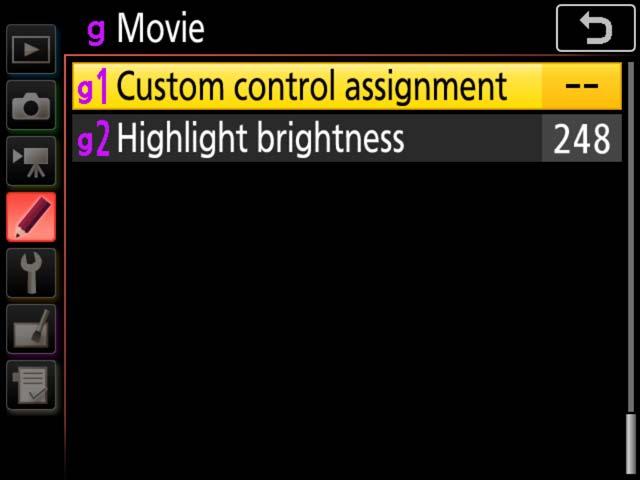 Controls and Displays, Continued Custom Control Assignments Use Custom Setting g1 (Custom control assignment) to choose the roles played by camera controls during movie recording.