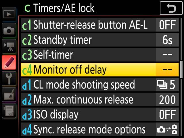 Controls and Displays, Continued Monitor Off Delay Custom Setting c4 (Monitor off delay) determines how long the monitor remains on when no operations