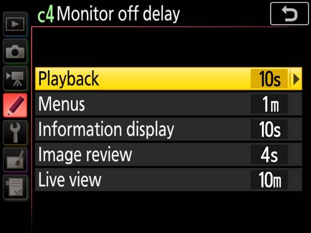 To prevent the monitor turning off during live view photography and movie recording, select No limit for Custom Setting c4 (Monitor off delay) > Live