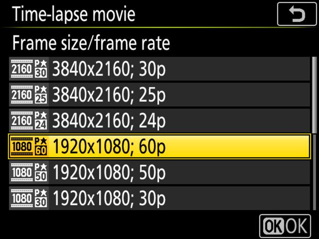 Time-Lapse Movie Techniques, Continued Image area: Choose the image area used for time-lapse recording. Frame size/frame rate: Choose the frame size and rate at which the final movie will play back.