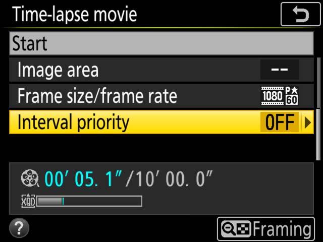 Interval priority: Choose On to prioritize interval timing over exposure time, but note that time-lapse recording will end if the camera cannot focus or the shutter release is otherwise disabled.