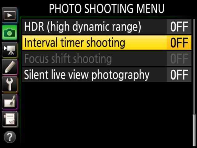 Time-Lapse Movie Techniques, Continued Interval Timer Shooting Follow the steps below to create time-lapse movies using the Interval timer shooting option in the photo shooting menu.
