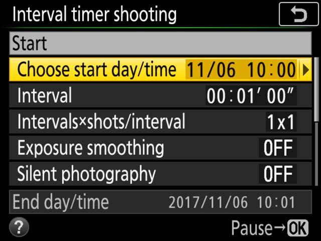 Before Shooting Before beginning interval timer photography, take a test shot at current settings and view the results in the monitor.