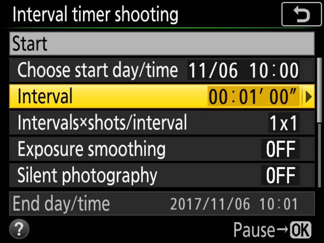 Before choosing a starting time, select Time zone and date in the setup menu and make sure that the camera clock is set to the correct time and date.