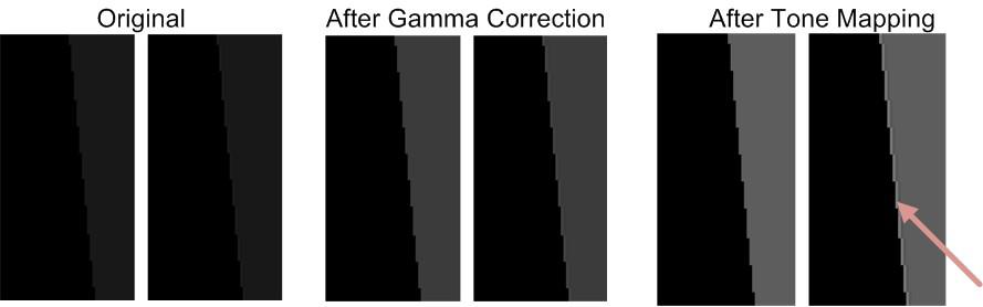 Figure 3. Effect of DPCM on other image processing steps: Left and right image pairs show original image on the left and processed image on the right.