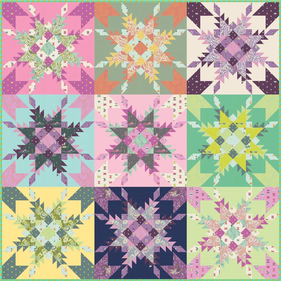 Featuring Spirit Animal by Tula Pink Fussy-cut fun prints for block centers in this mostly pastel beauty challenge yourself to create some intricate blocks.
