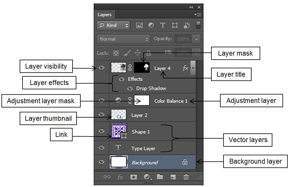 Using the Layers Panel Each layer includes multiple components such as layer visibility, layer title, layer/vector mask thumbnail (if applicable), layer thumbnail, and layer effects (if applicable)