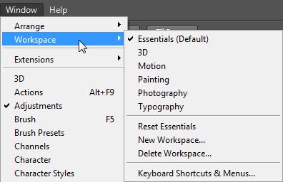 To return to the default workspace: 1. Click the Window menu, point to Workspace, and then click Essentials (Default) (see Figure 3).