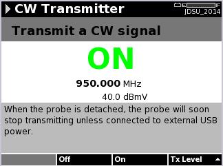 SmartID CW Transmitter Power Level and Activation The CW mode has two power levels 50 dbmv (110dBµV) OR 40 dbmv (100dBµV) Use the Tx Level button to select which power level is desired A white dot