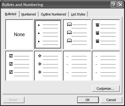 3. În această fereastră se face clic pe eticheta Cu marcatori (Bulleted) pentru modificarea listei marcate, sau se face clic pe eticheta Numerotat (Numbered) pentru a modifica liste numerotate. 4.