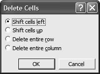se va alege Tabel Ştergere Celule (Table Delete Cells) şi va apărea fereastra Ştergere celule (Delete Cells) din care se va alege cum se vor deplasa celulele rămase.
