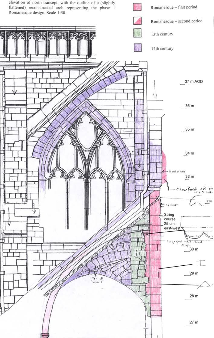 Fig 1 North aisle roof, east wall, superimposed onto west elevation of north transept, with the