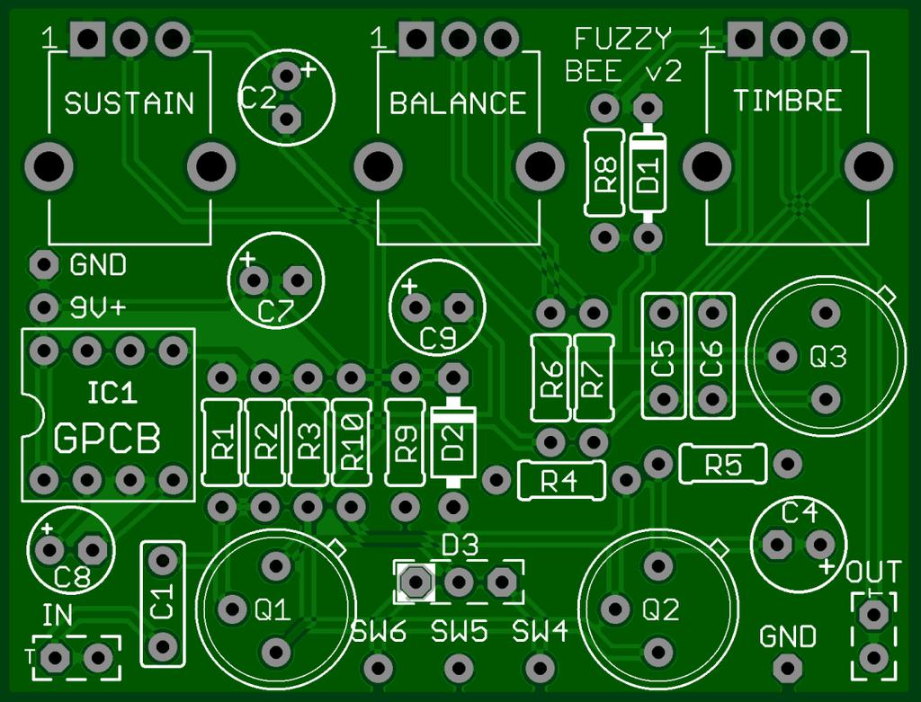 This board allows you to make a modernized version of the Buzzaround TM fuzz pedal and includes a charge pump so that you can use PNP transistors and still share a power supply with other circuits or