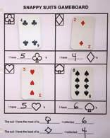 are divided evenly between the two players. Each player flips over one card. If they are the same suit, (ie: two hearts, two spades etc.), the first player to say snap keeps both cards.