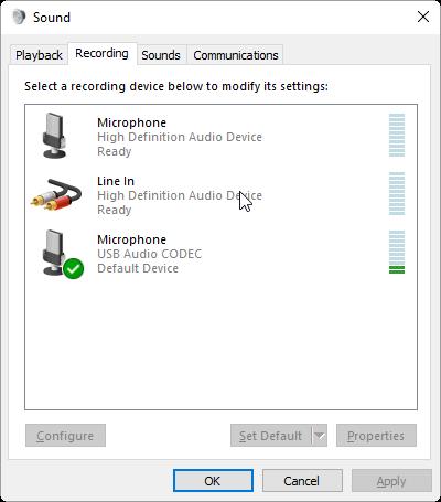 Right click on the task bar speaker icon and select the "Recording devices" menu item.