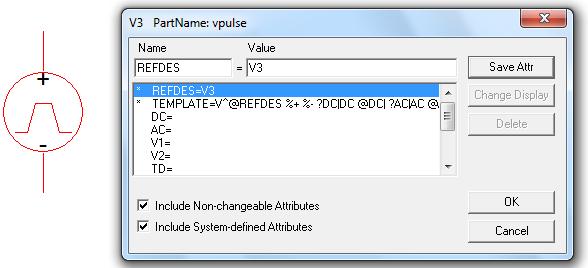 Setting the Attributes of Vpulse Attribute DC AC V1 V2 Description Value that will be used when calculating the bias point and allows Vpulse to be used as a DC source in DC Sweep.
