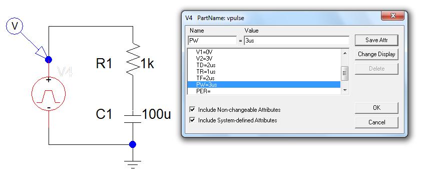 Vpulse A single pulse (PER = ) that does not start until time = 2ms (TD = 2us). The initial voltage is 0V (V1 = 0).