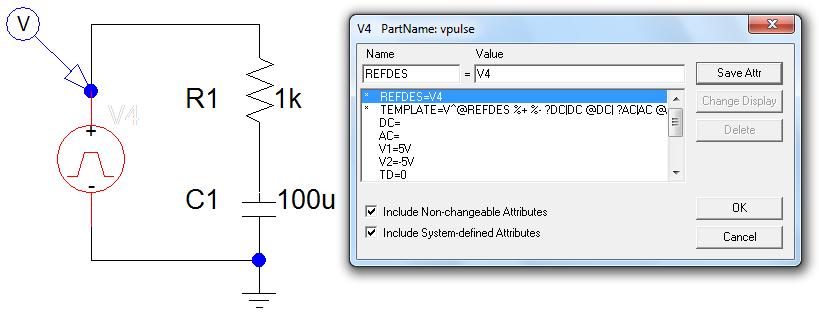 Vpulse Continuous pulses that repeat every 4ms (PER = 4us) that start immediately (TD = 0 ). The initial voltage is +5V (V1 = 5V).