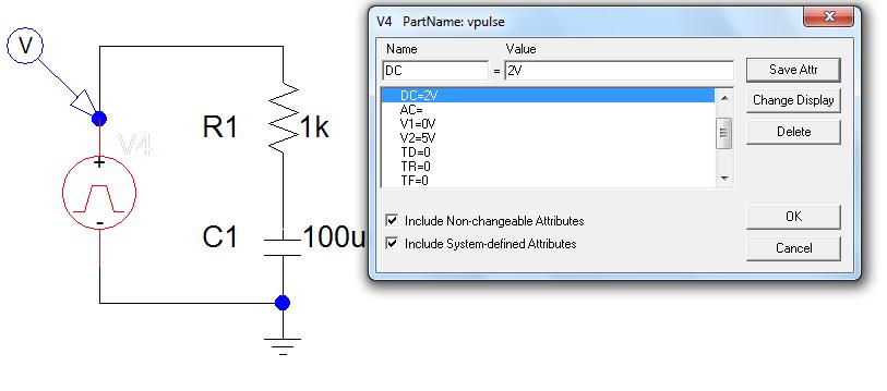 Pulse attributes in this case are continuous pulses that repeat every 1ms (PER = 1us) that start immediately (TD = 0 ). The initial voltage is 0V (V1 = 0V).