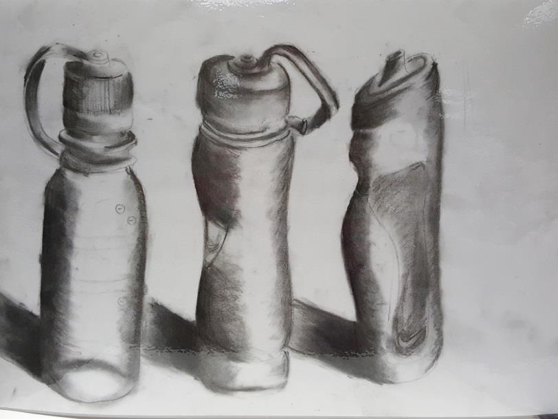 CHILDREN. THEIR WORLD. THEIR ART Charcoal Art by Chloe Chen, 4C. My artwork shows three water bottles standing on the table, belonging to me and my friends.
