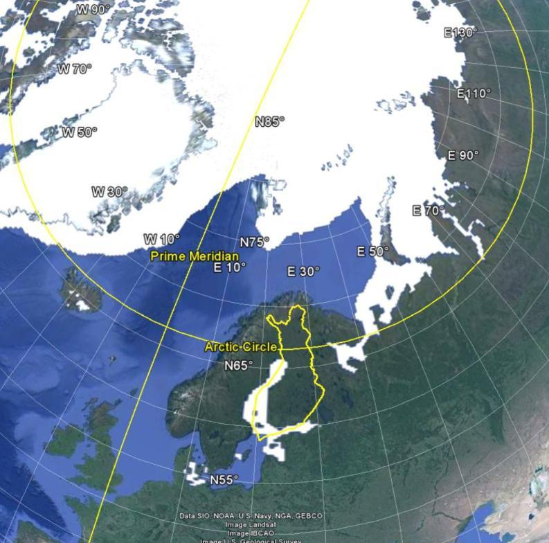 Fig 2: Google Earth with ice coverage March 2013 (NSIDC data) 2.