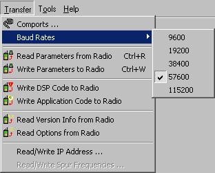 Refer to Section 13 and Preferences in Section 3.4 for more information. Comports - Displays a dialog box which selects the serial port used to program the transceiver (see Section 1.1).