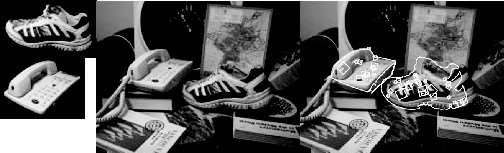 (a) object models: images of a shoe and a telephone (b) a test image (c) the shoe and