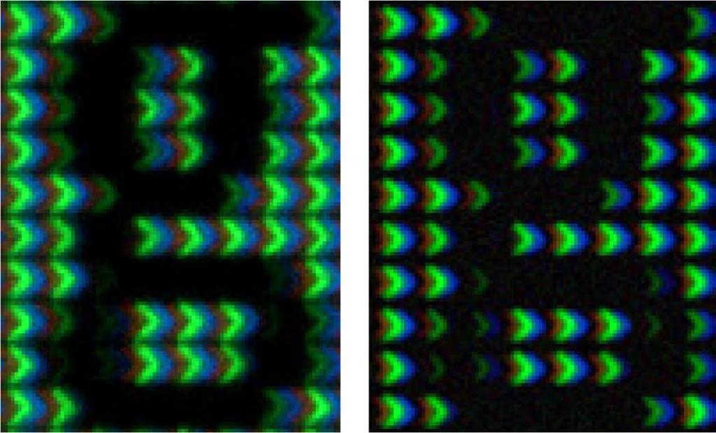 The graphs plot the red, green, and blue pixel values of the camera image shown on the right against the red, green, and blue pixel values of the composite camera image. Fig. 9.