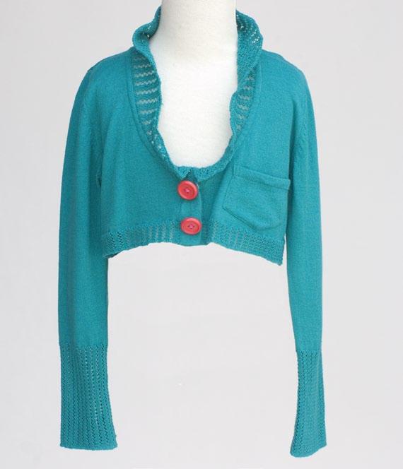 EMERALD GREEN CROPPED CARDIGAN WITH HOT PINK SNAP BUTTONS FOR EASE. ALSO AVAILABLE IN HOT PINK.