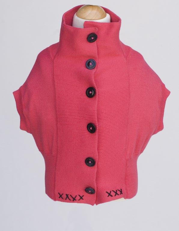 HOT PINK SWEATER VEST WITH BLACK SNAP BUTTONS FOR EASE.